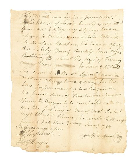 (SLAVERY AND ABOLITION.) BOONE, SQUIRE. Autograph Document Signed, ""Squire Boone,"" selling a male slave to Marsham Brashear for £200.